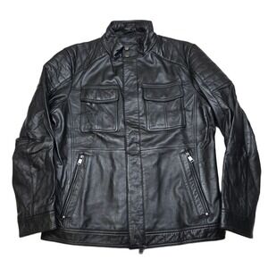 Hugo Boss Leather Jacket Mens Large 42R Black Motorcycle Moto Quilted Askon